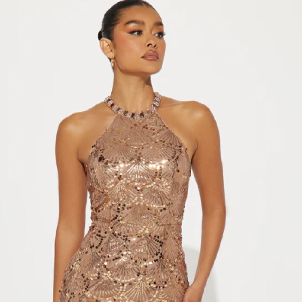 Fashion Nova Bronze Goddess Sequin Gown - Bronze